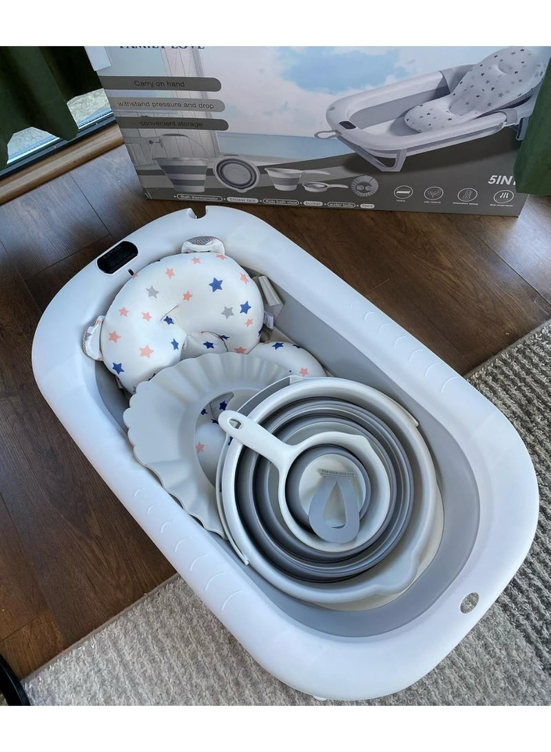 5-in-1 Foldable Baby Bathtub Set with Digital Temperature Sensor – Complete Bathing Kit with Anti-Slip Tub, Soft Cushion, Collapsible Bucket, Scoop & Shower Visor – Safe & Space-Saving Design for Newborns to Toddlers - Image 3